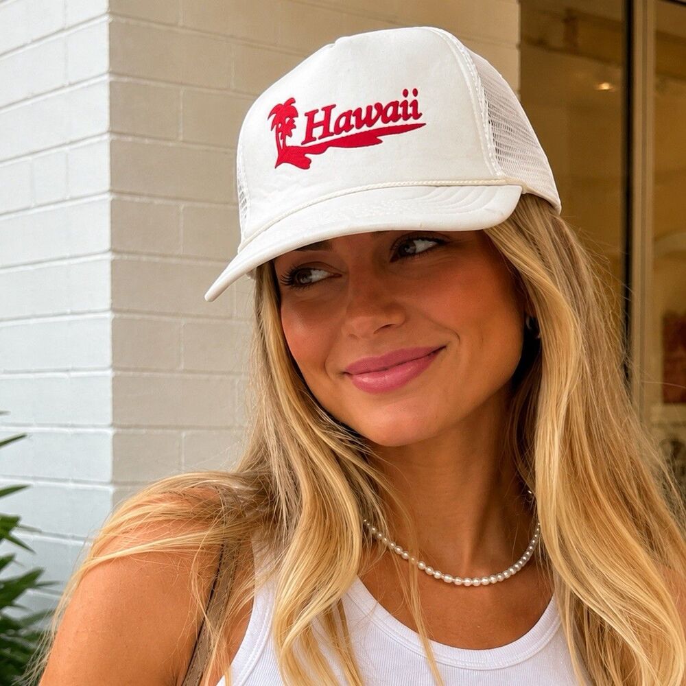 Vintage Hawaii Trucker Hat White Mesh Snapback Beach Surf Tropical Y2K Cap